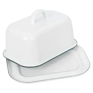 White Enamel Butter Dish - 18.5cm x 10cm - Green