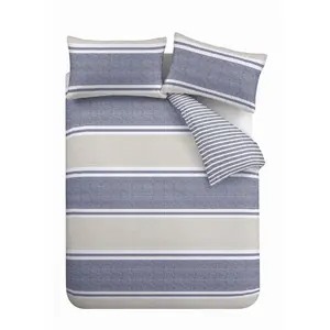 Textured Banded Stripe Reversible Duvet Cover Set with Pillowcases Blue / Single - 1 Standard Pillowcase