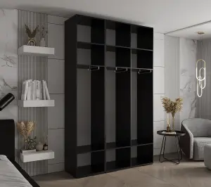 Stylish Black Inova 3 Hinged Door Wardrobe W1500mm H2370mm D470mm - Modern Storage Solution with Gold Vertical Handles