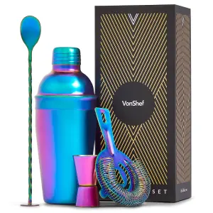 VonShef Iridescent Cocktail Shaker Set, Pearlescent Stainless Steel Bartender Kit w/ Shaker, Strainer, Jigger, Bar Spoon & Muddler