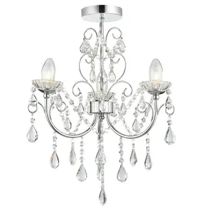 Flush Bathroom Ceiling Light IP44 Chrome & Crystal 3 Lamp Bulb Hanging Pendant