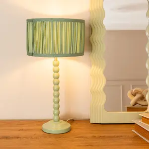 ValueLights Bobbins Sage Green Table Lamp with Ruched Pleated Green Drum Lamp Shade and LED Bulb