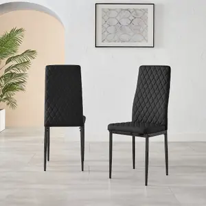 Set of 4 Milan Black High Back Soft Touch Diamond Pattern Faux Leather Black Powder Coated Metal Leg Dining Chairs