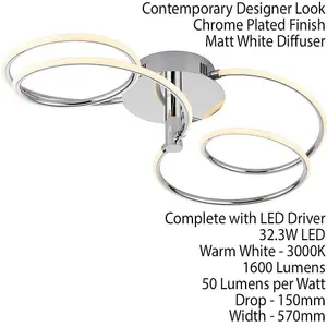 LED Semi Flush Ceiling Light 32W Warm White Chrome Infinity Hoop Strip Feature