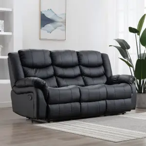 Seattle Manual High Back Bonded Leather Recliner 3 Seater Sofa (Black)