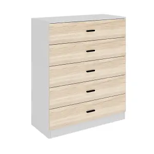 URBNLIVING Height 90.5cm 5 Drawer Wooden Bedroom Chest Cabinet Modern White Carcass and Oak Drawers Wide Storage Cupboard Closet