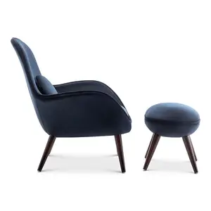 Velvet Navy Blue Lorenzo Accent Chair with Footstool