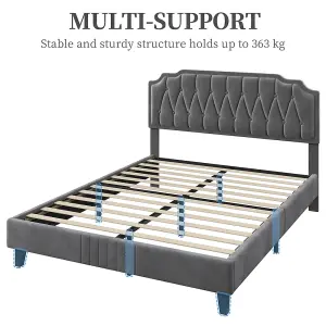 Yaheetech Dark Grey 5ft King Upholstered Bed Frame with Button-Tufted Adjustable Headboard and Wooden Slat Support