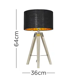 ValueLights Clipper Modern Distressed Wood and Silver Chrome Tripod Table Lamp with Black Gold Drum Shade