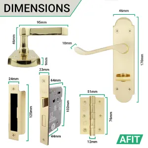 AFIT Polished Brass Bathroom Door Handle Set - Victoria Scroll Shaped - 1 Pair of Internal Door Handles, Hinges 76mm & Lock 64mm