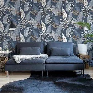 Arthouse Selago Blue Leaf Wallpaper Metallic Bronze Effect Modern Paste The Wall