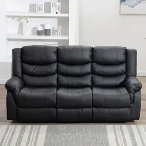 Seattle Manual High Back Bonded Leather Recliner 3 Seater Sofa (Black)