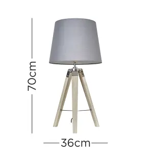 ValueLights Clipper Modern Distressed Wood and Silver Chrome Tripod Table Lamp with Grey Light Shade