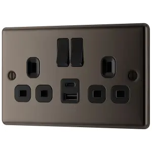 GoodHome Black Nickel Double 13A Raised rounded Switched Screwed Socket with USB, x2 & Black inserts