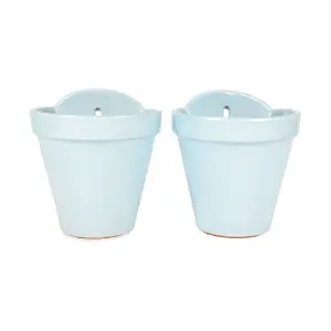 Pastel Hand Dipped Blue Set of 2 Terracotta Outdoor Hanging Flower Plant Pots 19cm