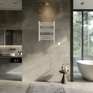 Rinse Bathrooms Prefilled Electric Thermostatic Heated Towel Rail Bathroom Radiator Straight with 400W Timer Chrome 600x500mm