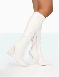 Public Desire Senna White Croc Pu Knee High Block Heel Boots - Knee Boots Size UK 9 / EU 42 / US 11