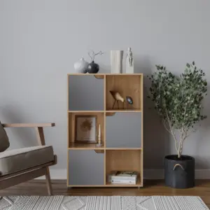 URBNLIVING 6 Cube Oak Wooden Bookcase Shelving Display Shelves Storage Unit Wood Shelf Grey Door