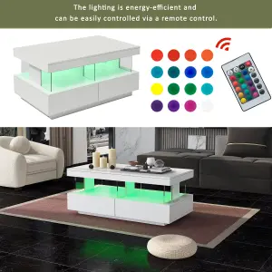 High Gloss Tea Table with 16-Color LED Lights, with 2 Drawers and Open Storage Space, White