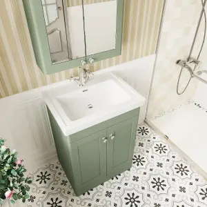 Traditional Floor Standing 2 Door Vanity Unit with 1 Tap Hole Fireclay Basin, 600mm - Satin Green