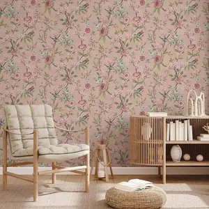 Fine Decor Eleanor Floral Birds Pink Wallpaper Flowers Botanical Feature Wall