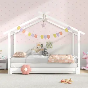 COSTWAY Single to Double Kids Bed Frame Wooden Extendable House Bed w/ Roof Frame