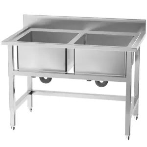 110cm Double Bowl Commercial Freestanding Stainless Steel Kitchen Catering Sink with Splashback for Food Prep