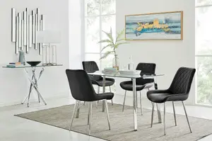 Cosmo Rectangular Chrome Metal And Glass Dining Table for Modern Dining Room With 4 Black Velvet Pesaro Dining Chairs