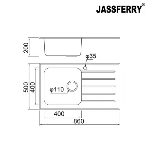 JASSFERRY Black Glass Top Kitchen Sink Stainless Steel Single 1 Bowl Right Hand Drainer