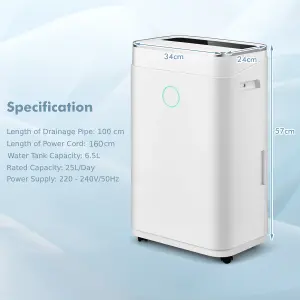 Costway 25L/Day Home Dehumidifier w/ Auto Drainage 24H Timer Overflow Protection Laundry Dehumidifier 6.5L Water Tank