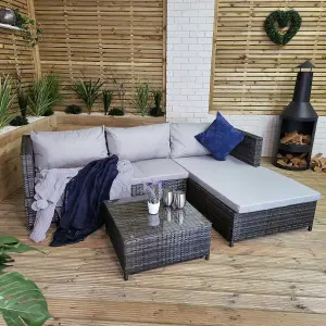 3PC 4 Seater Brown Rattan Chair Garden Sofa Set Daybed With Grey Cushions and Glass Top Coffee Table