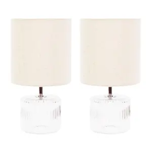 ValueLights Betty Pair of Clear Glass Table Lamps with Natural Lamp Shades and LED Bulbs