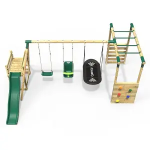 Rebo Wooden Children's Swing Set with Monkey Bars plus Deck & 6ft Slide - Triple Swing - Halley Green