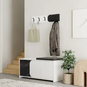 Decortie Modern Moni Shoe Cabinet White-Gloss Black Marble Effect 3-Door Storage Cabinet with 5-Hook Organiser Set Fabric Seat