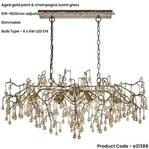 Multi Arm Hanging Ceiling Pendant Light - Aged Gold Paint & Champagne Lustre Glass Shade - 6 x 6W LED E14