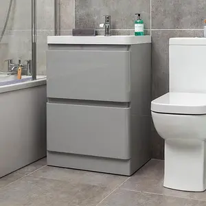 Marvel 600mm Floor Standing Bathroom Vanity Unit in Light Grey Gloss with Resin Basin