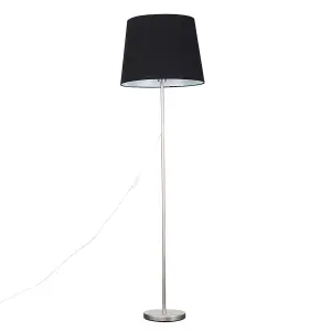 ValueLights Modern Floor Lamp In Brushed Chrome Metal Finish With Extra Large Black Shade