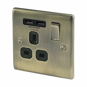 BG Antique Brass Single 13A Raised slim Switched Screwed Socket with USB, x2 & Black inserts