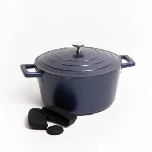 2pc Cookware Set with Blue Non-Stick Cast Aluminium Casserole Dish, 24cm/4 Litre and 3pc Silicone Handle Cover Set - Gift Boxed