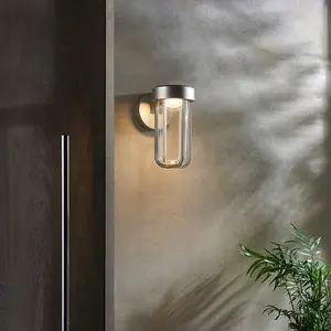 Brushed Silver Outdoor Wall Light with Glass Shade - IP44 Rated - Integrated LED