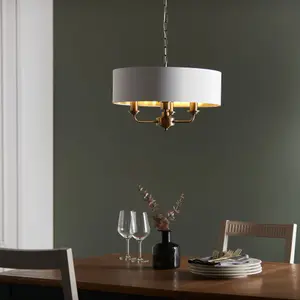 Haywood Antique Brass with Vintage White Faux Silk Shade Classic Modern 3 Light Ceiling Pendant