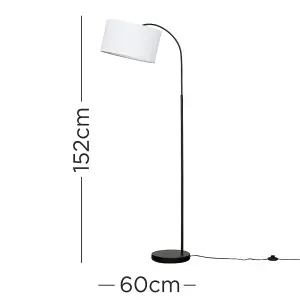 ValueLights Designer Style Black Curved Stem Floor Lamp With White Cylinder Shade - Includes 6w LED GLS Bulb 3000K Warm White