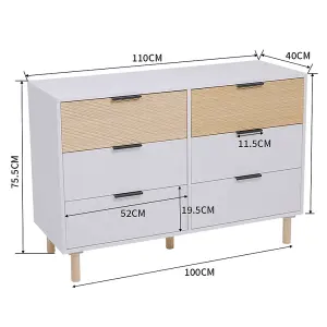 White and Brown Wooden 6 Drawer Chest W 110 cm x D 40 cm x H 75.5 cm