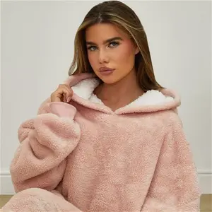 Brentfords Teddy Fleece Sherpa Reverse Hoodie Blanket - Blush