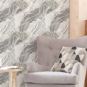 Fresco Agate Marbled Plain Grey Gold Wallpaper