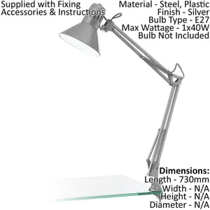 Table Desk Lamp Clamp Moveable Silver Steel In Line Switch Bulb E27 1x40W