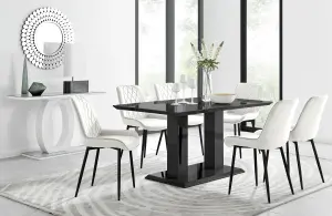 Imperia Black High Gloss 6 Seater Dining Table with Structural 2 Plinth Column Legs 6 Cream Velvet Black Leg Pesaro Chairs