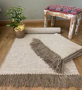 Colva Rug Yarn in Natural Beige Ivory Stripes - Cotton - L70 x W200