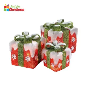 Set of 3 Light Up Christmas Present Parcels Decorations for Under the Tree - Red with Snow