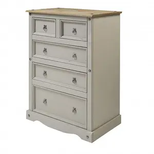 Mercers Furniture Corona Grey Wax Compact 2+3 Chest of 5 Drawers Solid Pine with Mexican Styling